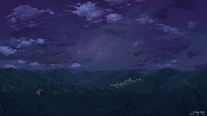 Fairy tale night sky over a village