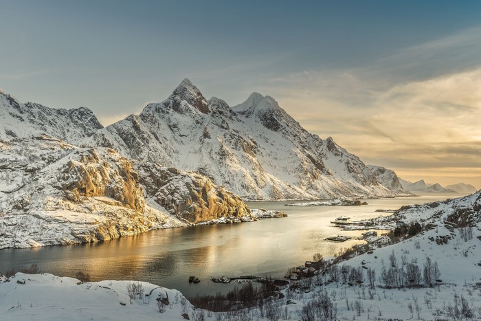 Snowy Mountains and Sea in Lofoten, Norway