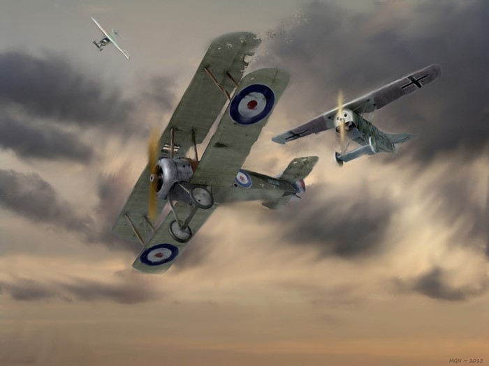 Four airplanes in a cloudy sky