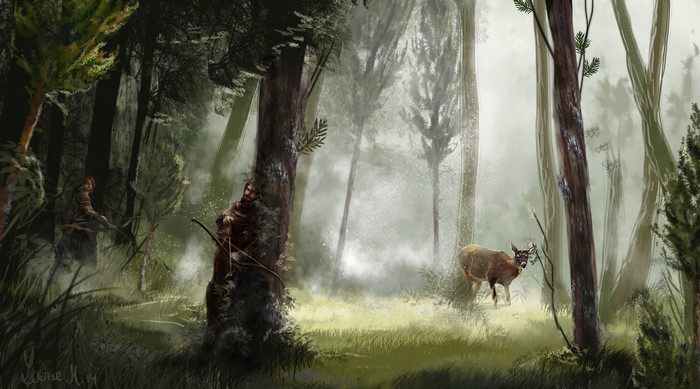 Archers and Deer in a Misty Forest