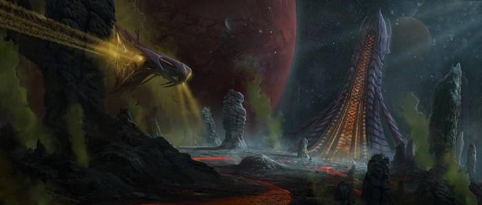 Alien planet landscape with spaceship and alien structure