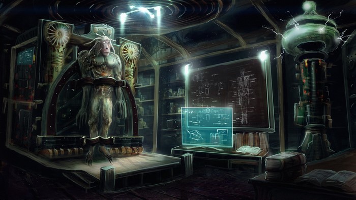 Creature in a futuristic laboratory with blueprints