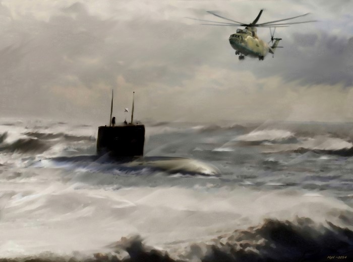 Mi-26 Helicopter and Submarine in Rough Seas Painting
