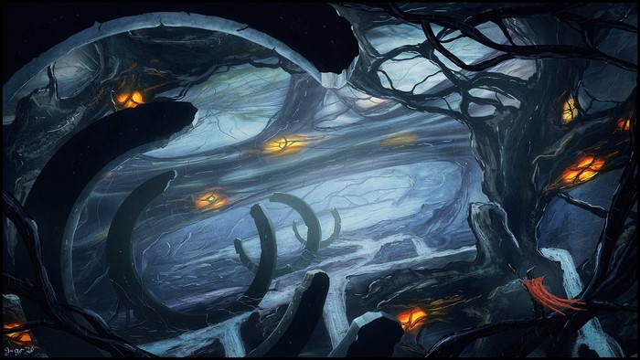Dark fantasy cavern with glowing eyes and strange structures