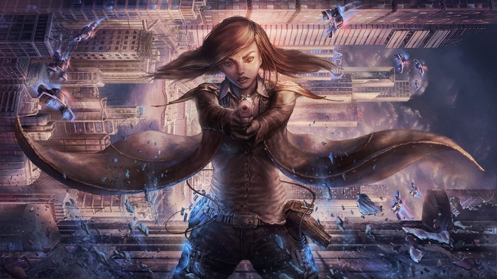 Woman with pistol in a futuristic city