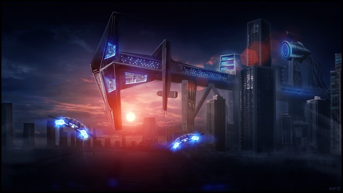Futuristic city with flying vehicles at sunset