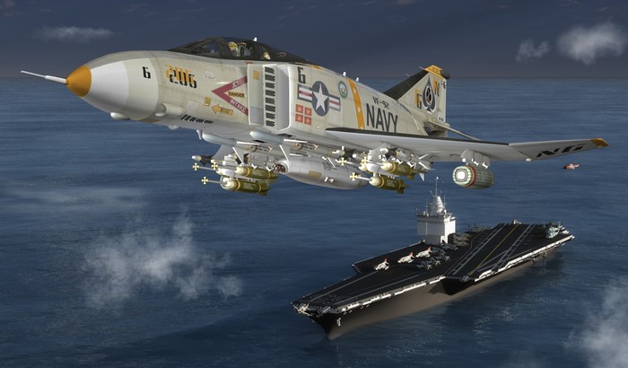 4K F-4 Phantom II fighter jet and aircraft carrier