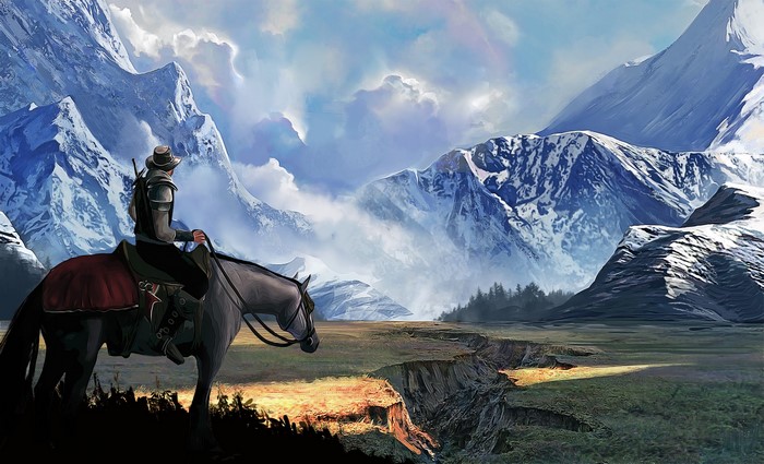 Man on horseback in snowy mountains