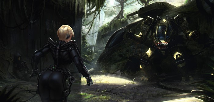 Woman in black suit facing a robot in a jungle