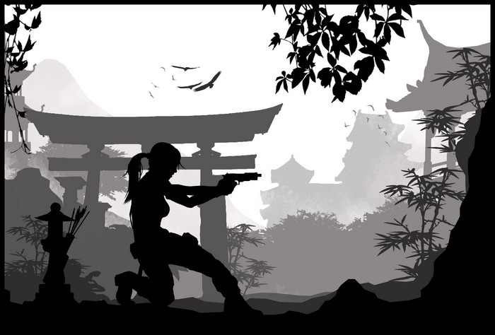 Lara Croft from Tomb Raider aiming a pistol in a Japanese garden