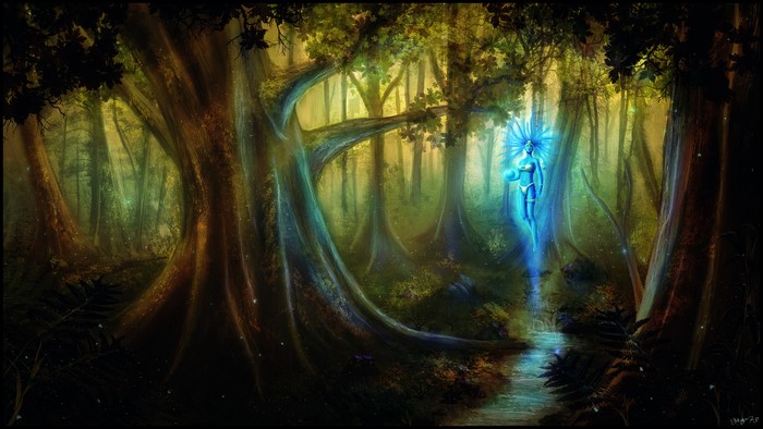 Blue supernatural being in a magical forest