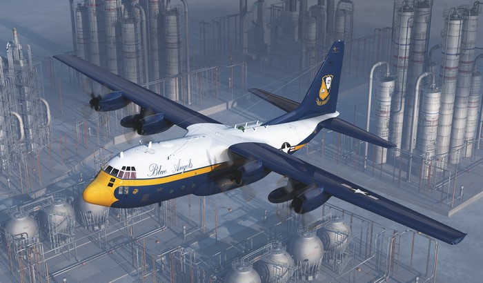 Blue Angels C-130 Hercules over refinery