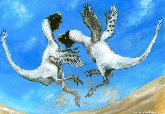 Two dinosaurs fighting in the air