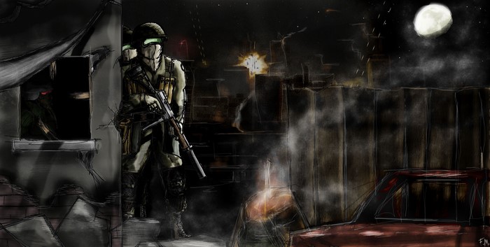 Soldiers in a war-torn city at night