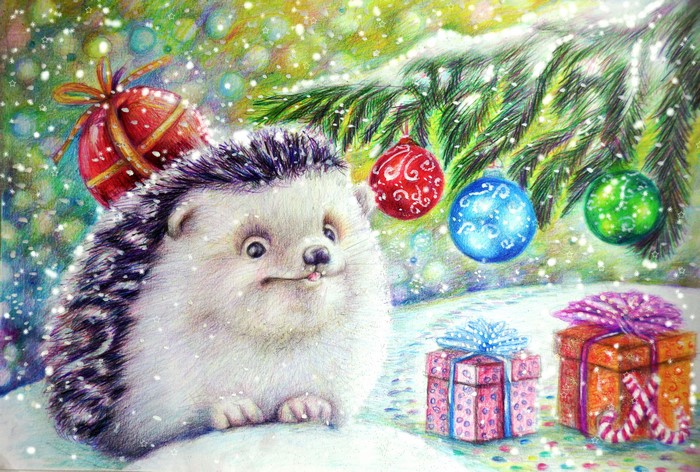 Hedgehog with Christmas ornaments and gifts