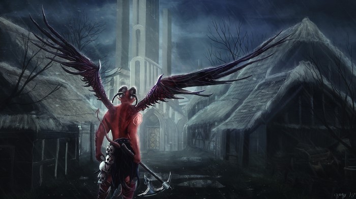Demon with wings and battle axe in a village