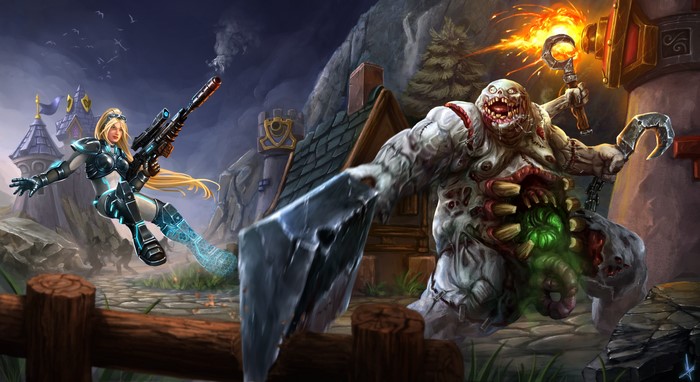 Stitches from Heroes of the Storm fighting a female warrior