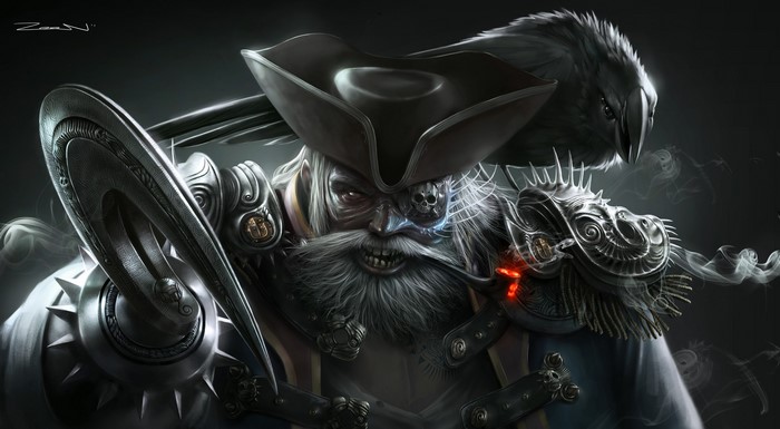 Pirate with a hook and a crow on his shoulder