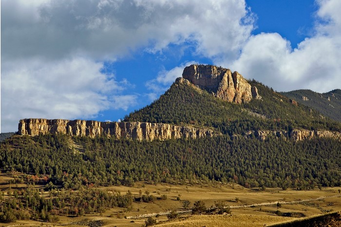 Mountains with a cliff face and trees under clouds