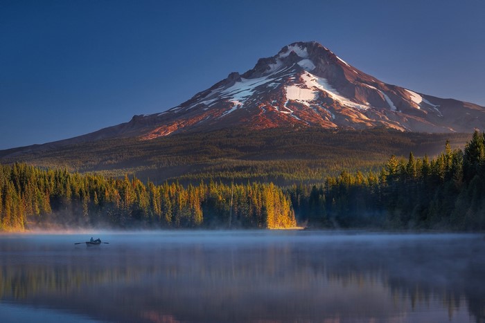 Mount Hood and Trillium Lake with a rowboat