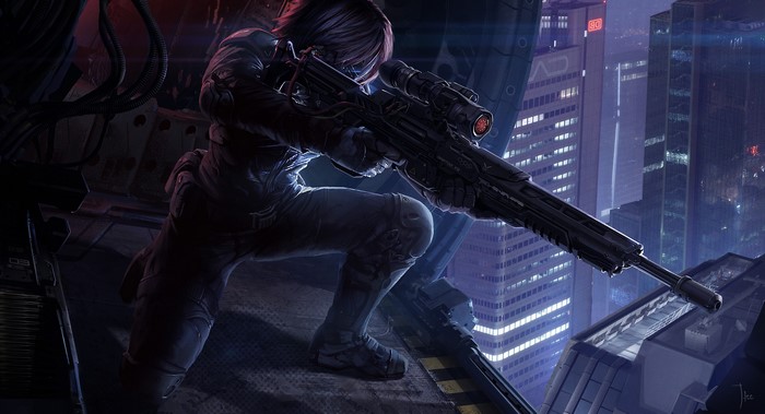 Soldier with sniper rifle on rooftop overlooking city