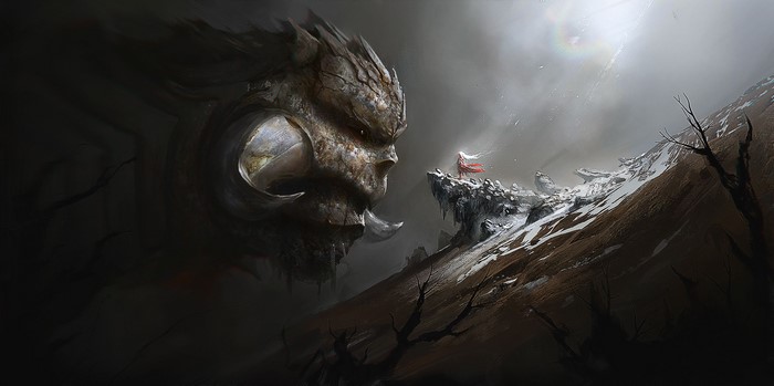 Giant Demon facing a small girl in a snowy landscape