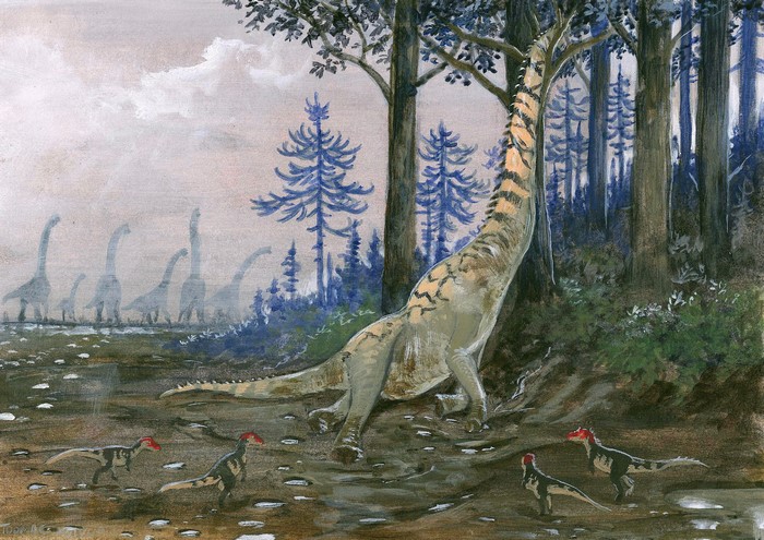 Giraffatitan and smaller dinosaurs in a prehistoric forest