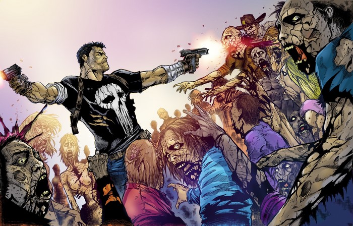 The Punisher fighting zombies from The Walking Dead