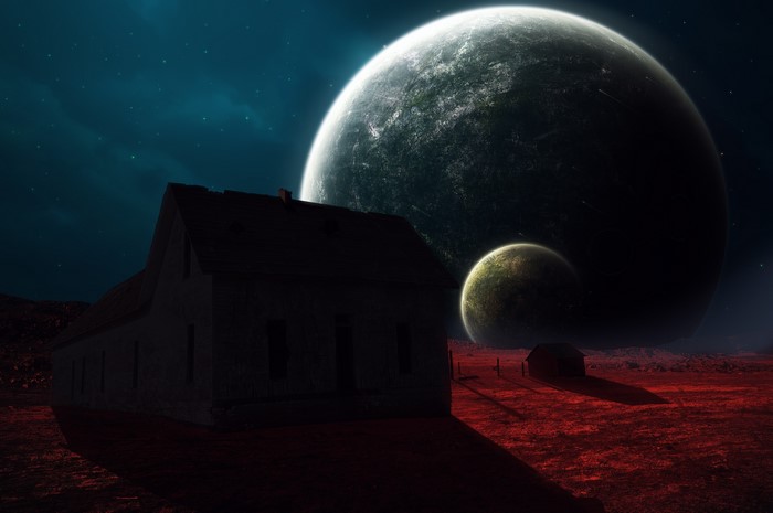 Alien landscape with planets and a house