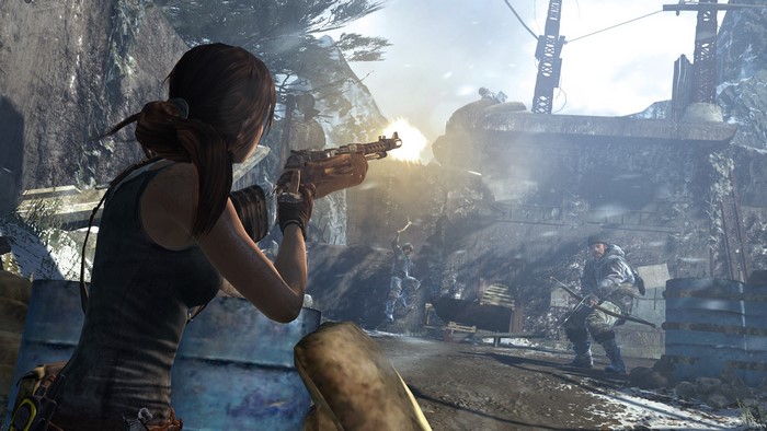 Lara Croft from Tomb Raider 2013 firing a rifle