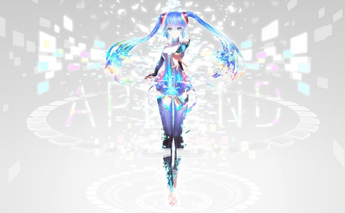 Hatsune Miku from Vocaloid in futuristic digital world