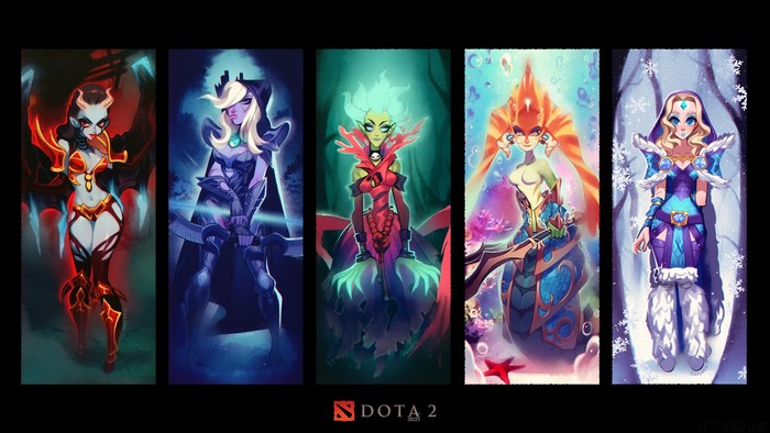 DOTA 2 characters: Queen of Pain, Drow Ranger, Death Prophet, Naga Siren, Crystal Maiden