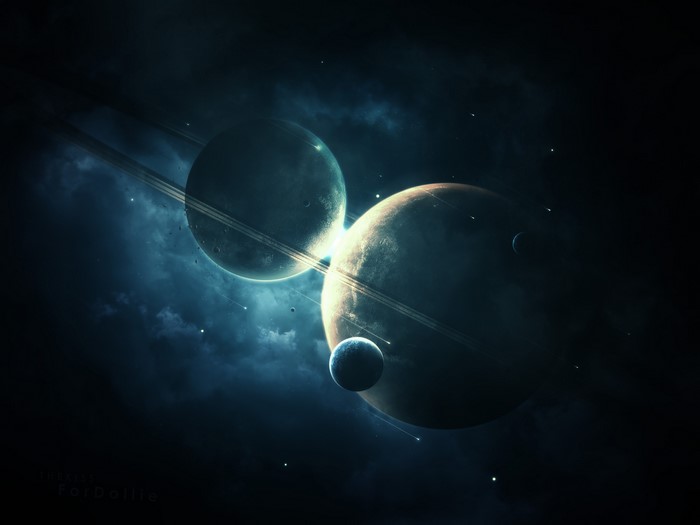 Planets in deep space with rings and moons