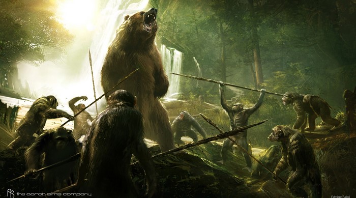 Apes fighting a bear in a forest