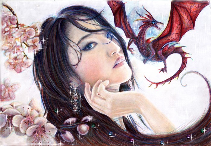 Girl with dragon and cherry blossoms