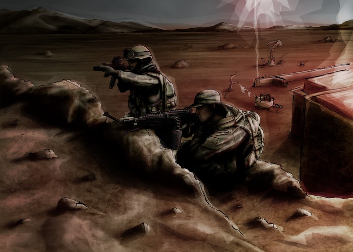 Two soldiers in a desert landscape