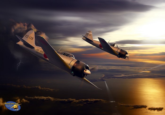 Two Japanese A6M3 Mod. 32 airplanes flying in stormy skies