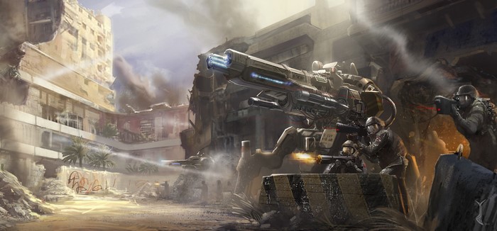 Soldiers and robot mech in a destroyed urban environment