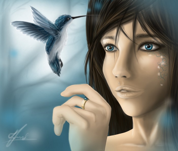 Painting Art of a Woman and a Hummingbird