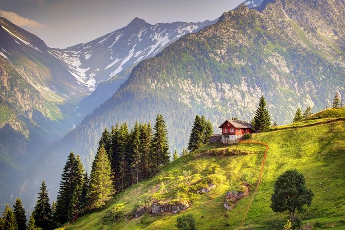 Red house on a grassy hill in the Swiss Alps