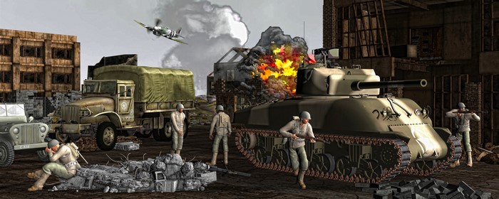 Soldiers and M4 Sherman tank in a war-torn city
