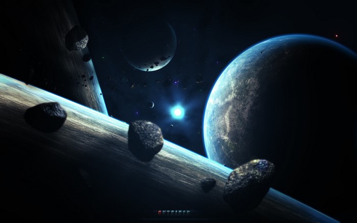 Planets and asteroids in deep space with a bright star