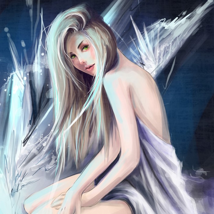 Blonde girl with green eyes in white cloth