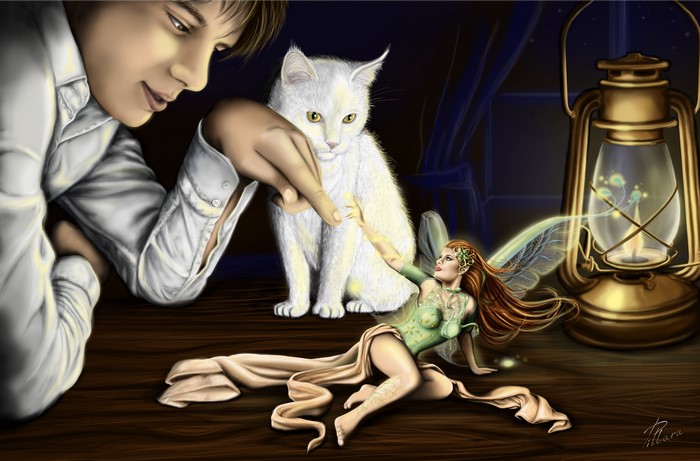 Man, Cat, Fairy, and Lantern
