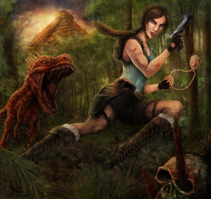 Lara Croft from Tomb Raider fighting a dinosaur