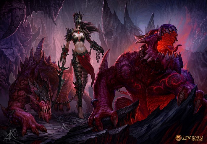 Warrior woman with chained dragons in a cave