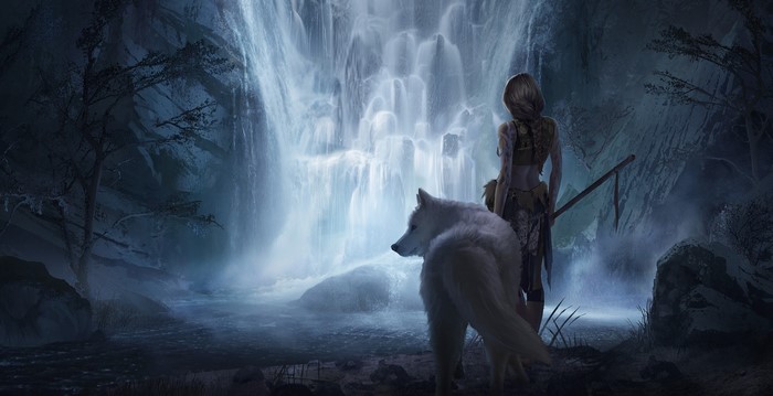 Warrior woman and wolf by a waterfall