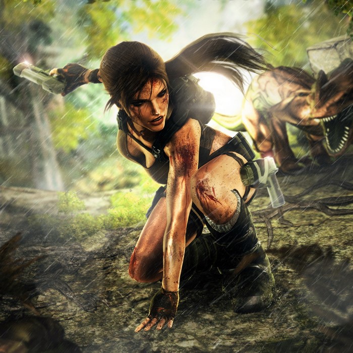 Lara Croft from Tomb Raider Underworld fighting a dinosaur