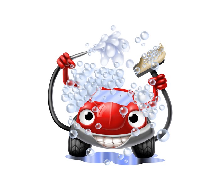 Cartoon red car washing itself with a hose and brush