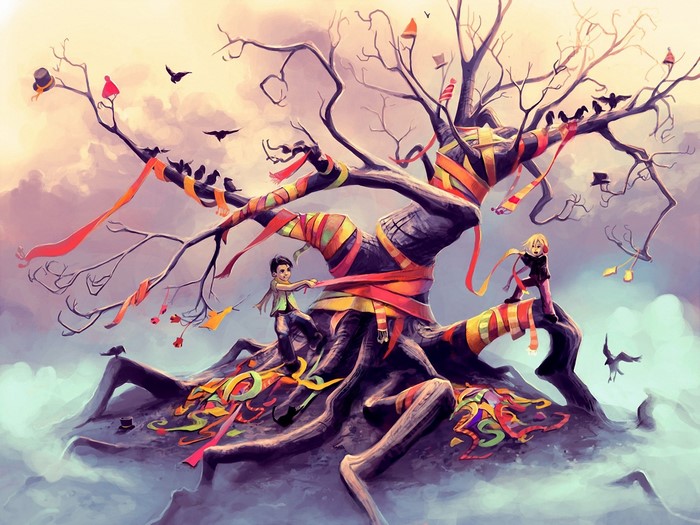 Painting of a surreal tree with children and birds
